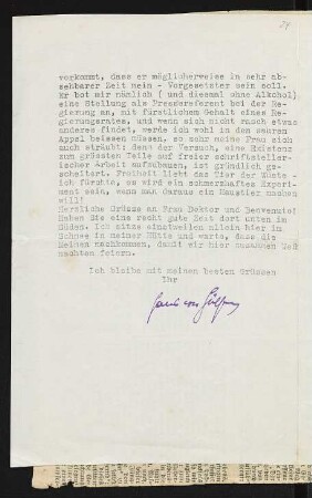 Brief von Hans von Hülsen an Gerhart Hauptmann