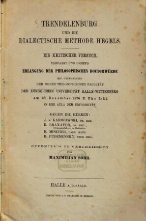 Trendelenburg und die dialectische Methode Hegels : ein kritischer Versuch