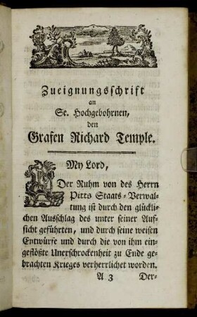 Zueignungsschrift an Se. Hochgebohrnen, den Grafen Richard Temple.