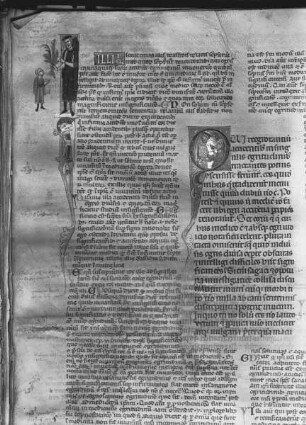 Hippocratis Aphorismi, cum Galeni commentario — Initial Q mit pulsfühlendem Arzt und Medizinschluckendem Patienten