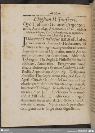 Elogium B. Taufreri, Quod Jubilaeo Gymnasii Argentoratensis Anno 1641