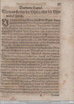 Das dritte Capitel. Wie mancherley die Uhren/ oder die Uhrwerck seyen.