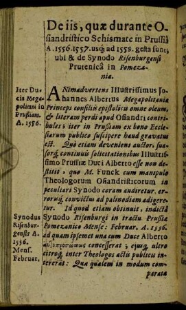 De iis, quæ durante Osiandristico Schismate in Prussia [...]