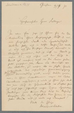 Nachlass von Johann Friedrich von Schulte (1827-1914) – BSB Schulteana, 13.75.76. Johann Friedrich von Schulte (1827-1914) Nachlass: Brief von Friedrich Wilhelm Wasserschleben an Johann Friedrich von Schulte - BSB Schulteana 13.75.76