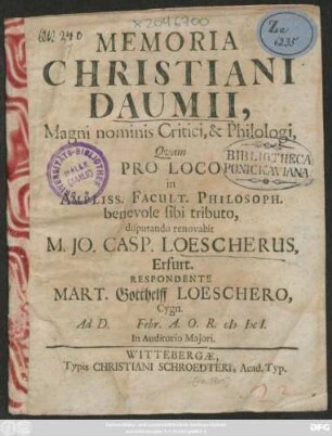 Memoria Christiani Daumii, Magni nominis Critici, & Philologi