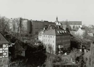 Meißen, Blick vom Turm der Frauenkirche nach Nordwesten zur ehemaligen Fürsten- und Landesschule St. Afra und zur ehemaligen Stiftskirche St. Afra, Freiheit