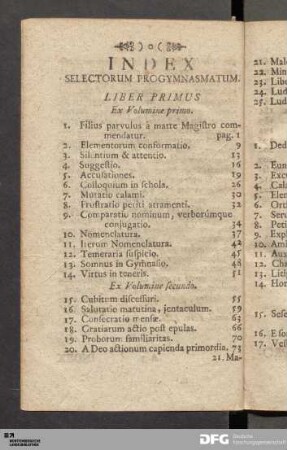 Index Selectorum Progymnasmatum.