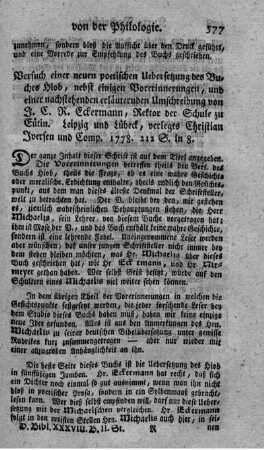 : Versuch einer neuen poetischen Uebersetzung des Buches Hiob.