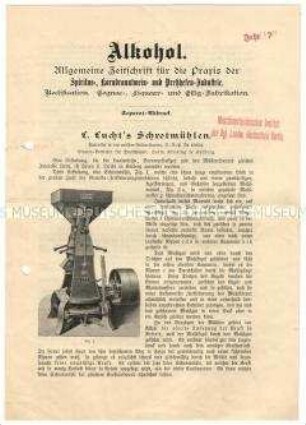 Sonderabdruck aus einer Zeitschrift für Brennereien über Lucht's Schrotmühlen