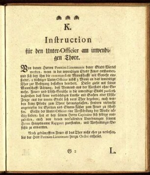 K. Instruction für den Unter-Officier am inwendigen Thore.