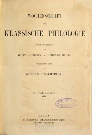 Wochenschrift für klassische Philologie, 3. 1886