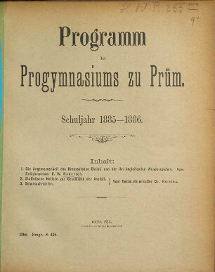 Programm des Progymnasiums zu Prüm : Schuljahr .... 1885/86