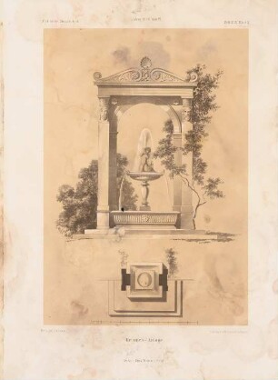 Brunnenanlage: Grundriss, Ansicht (aus: Architektonisches Skizzenbuch, H. 94/6, 1868)