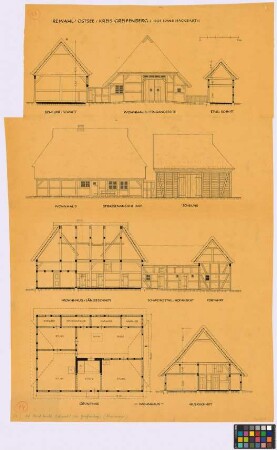 Rewahl (Kreis Greifenberg): Hof Hans Hackbarth. - Scheune (Querschnitt, Nord-Ost-Straßen-Seiten-Ansicht). - Wohnhaus (Giebel-Ansicht, Nord-Ost-Straßen-Seiten-Ansicht, Längsschnitt, Grundriss des Erdgeschosses, Querschnitt). - Stall (Querschnitt). - Schweinestall (Hof-Seiten-Ansicht). - Torfahrt (Hof-Seiten-Ansicht)