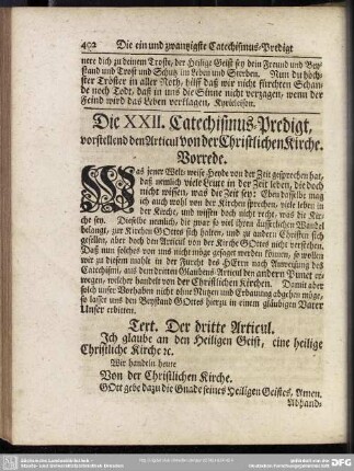 Die XXII. Catechismus-Predigt, vorstellend den Articul von der Christlichen Kirche