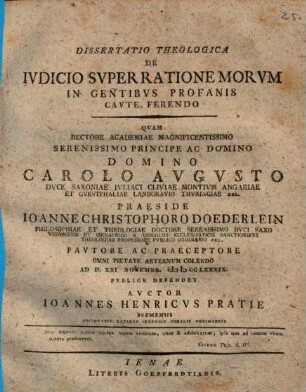 Dissertatio Theologica De Ivdicio Svper Ratione Morvm In Gentibvs Profanis Cavte Ferendo