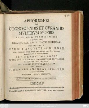 Aphorismos De Cognoscendis Et Cvrandis Mvliervm Morbis : Francofvrti Ad Viadrvm D. XX. Sept. MDCCLII.