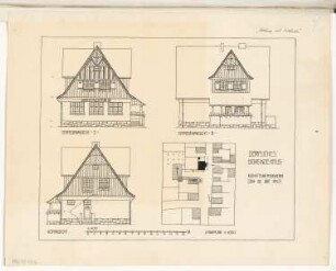 Gemeindehaus Monatskonkurrenz Oktober 1913: Lageplan 1:1000; Aufriss Straßenansicht I, Straßenansicht II, Hofansicht 1:100; Maßstabsleiste