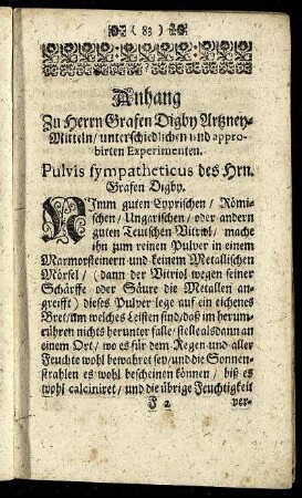 Anhang Zu Herrn Grafen Digby Artzney-Mitteln/ unterschiedlichen und approbirten Experimenten.