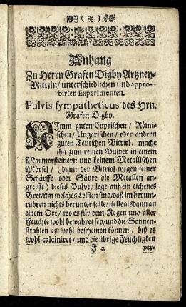 Anhang Zu Herrn Grafen Digby Artzney-Mitteln/ unterschiedlichen und approbirten Experimenten.
