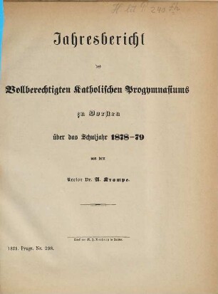 Jahresbericht des Vollberechtigten Katholischen Progymnasiums zu Dorsten : über das Schuljahr .... 1878/79