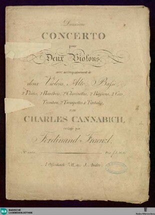 Deuxième CONCERTO pour Deux Violons, avec accompagnement de deux Violons, Alto, Basse, 2 Flûtes, 2 Hautbois, 2 Clarinettes, 2 Bassons, 2 Cors, Trombon, 2 Trompettes & Timbales