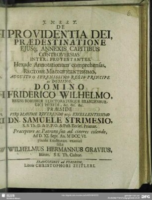 De Providentia Dei Praedestinatione Eiusq́; Annexis Capitibus Controversias Inter Protestantes ...