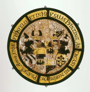 Wappenscheibe des Nürnberger Patriziers Esaias Pfinzing von Henfenfeld (1635-1714) mit Beischilden der Tucher, Nürnberg und Jenisch, Augsburg