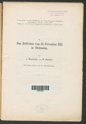 Das Erdbeben vom 16. November 1911 in Südbaden