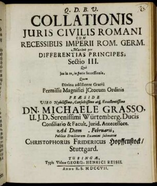 Collationis Juris Civilis Romani Cum Recessibus Imperii Rom. Germ. Maximè per Differentias Principes : Sectio III. Qua Jus in re, in specie successionis