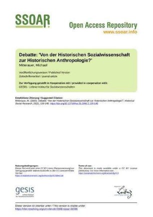 Debatte: 'Von der Historischen Sozialwissenschaft zur Historischen Anthropologie?'