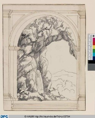 Kassel: Entwurf für eine Wanddekoration: Blick durch einen Architekturrahmen auf eine Felslandschaft mit Wasserfall