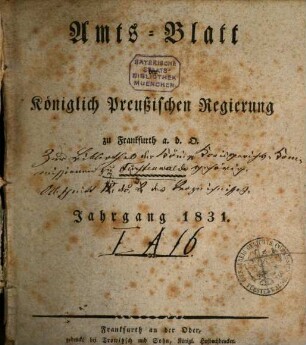 Amtsblatt der Regierung zu Frankfurt a.d. Oder. 1831