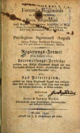 Formula regiminis de anno MDCXVII : = Regierungs-Formel vom Jahre 1617