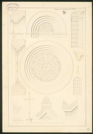 Schuckmannsche Grabkapelle, Battinsthal: Details vom Außenbau (Tympanon, Rosette, Gewändeschnitte, Dachkreuz)