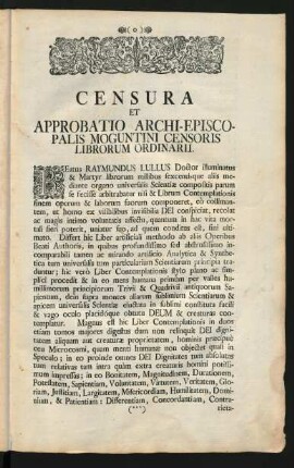 Censura Et Approbatio Archi-Episco-Palis Moguntini Censoris Librorum Ordinarii