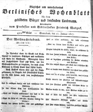 421stes Stueck, Sonnabend, den 25. Januar 1817