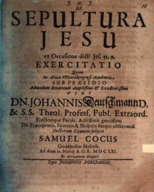 De Sepultura Jesu ex Occasione dicti Jes. 53. 9. Exercitatio
