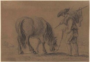 Fressendes Pferd und Reitknecht