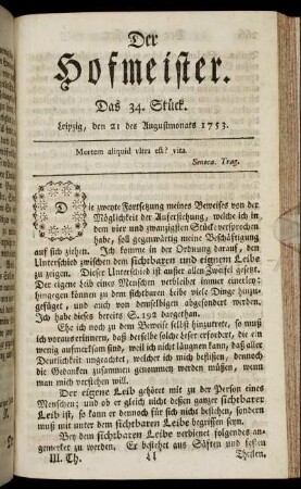Das 34. Stück. Leipzig, den 21 des Augustmonats 1753.