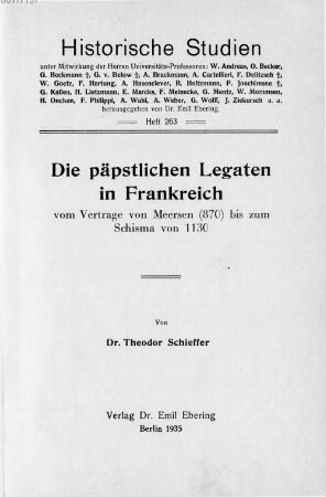 Die päpstlichen Legaten in Frankreich vom Vertrage von Meersen (870) bis zum Schisma von 1130