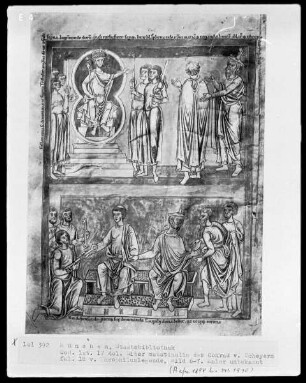 Liber matutinalis des Konrad von Scheyern — Zwei Szenen aus der Legende des Mönchs Theophilus, Folio 18verso