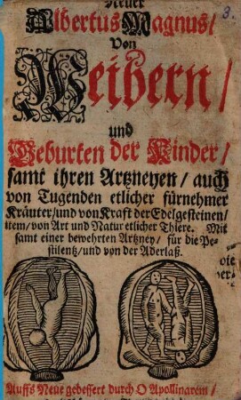 Neuer Albertus Magnus Von Weibern und Geburten der Kinder : samt ihren Artzneyen, auch von Tugenden etlicher fürnehmer Kräuter und von Kraft der Edelgesteinen ...
