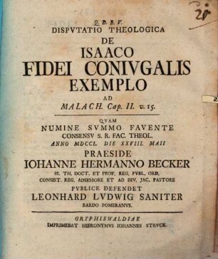 Disp. theol. de Isaaco fidei coniugalis exemplo