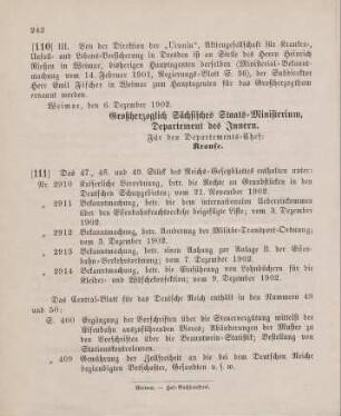 110. Ministerial-Bekanntmachung, betreffend Wechsel in der Hauptagentur der "Urania", Aktiengesellschaft für Kranken-, Unfall- und Lebensversicherung in Dresden
