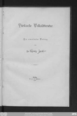 Türkische Volkslitteratur : ein erweiterter Vortrag