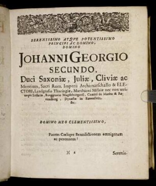 Serenissimo Atque Potentissimo Principi Ac Domino, Domino Johanni Georgio Secundo, Duci Saxoniӕ [...]