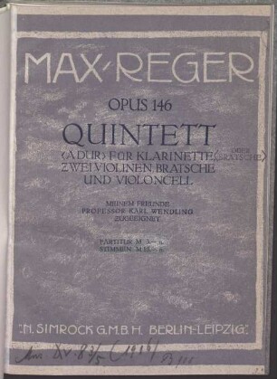 Quintett (A Dur) : für Klarinette (oder Bratsche), zwei Violinen, Bratsche und Violoncell : op. 146