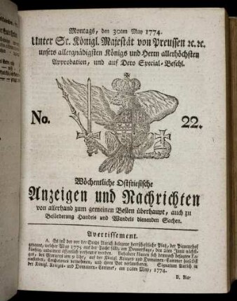 No. 22. Montags, den 30ten May 1774