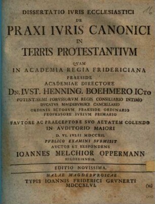 Dissertatio Ivris Ecclesiastici De Praxi Ivris Canonici In Terris Protestantivm